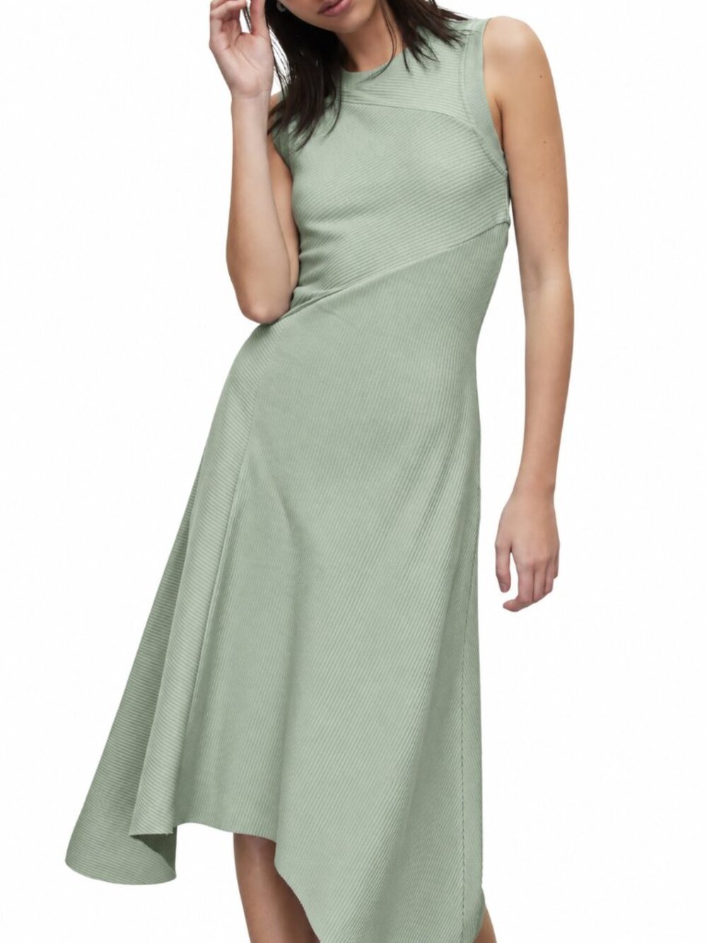 AllSaints Gia Sage Matcha Green Ribbed Asymmetric Midi Dress US 6 S